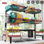 Double Layered Folding Countertop Dish Rack, Adjustable Snap On Design, Double-layer Large Kitchen Dish Rack with Drainage System, Stable Countertop Storage Rack,