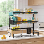 Double Layered Folding Countertop Dish Rack, Adjustable Snap On Design, Double-layer Large Kitchen Dish Rack with Drainage System, Stable Countertop Storage Rack,